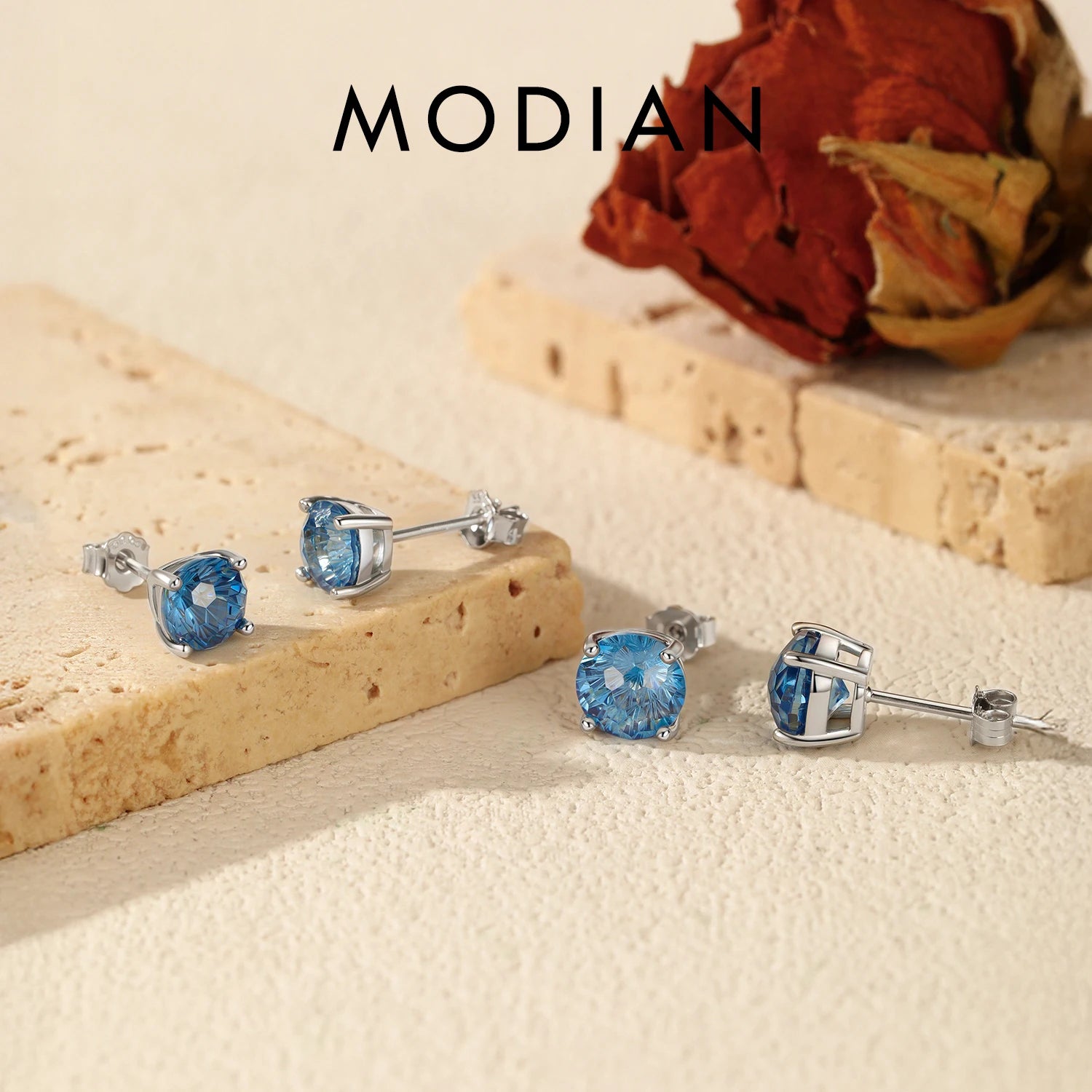 MODIAN 925 Sterling Silver High-End Firework Cut Cobalt Blue Round Zirconia Unisex Studs Earrings For Women Fine Jewelry