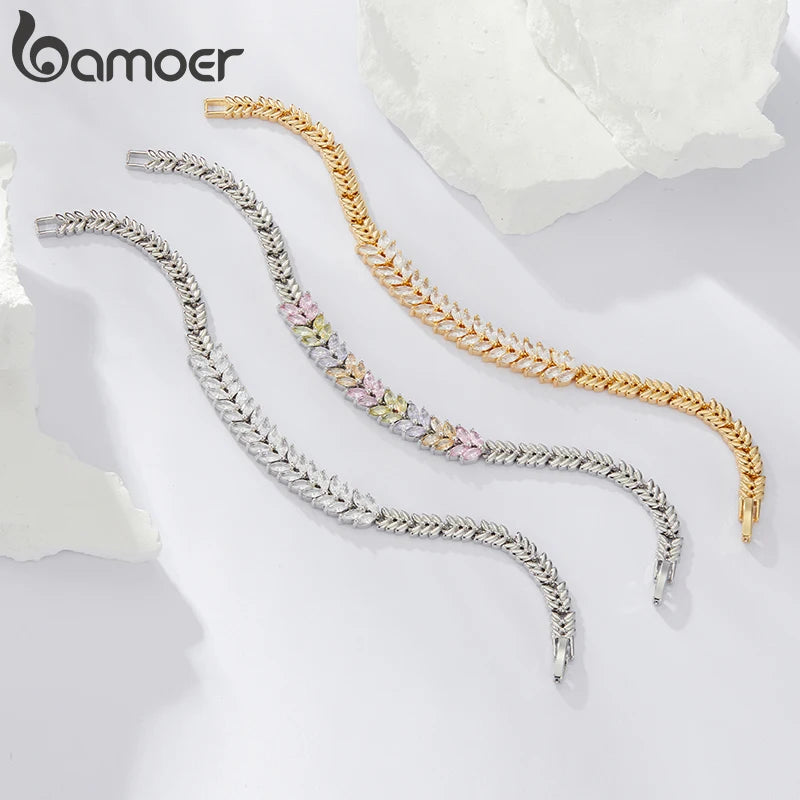 BAMOER White Gold Plated Sparkling Cubic Zirconia Classic Leaf Bracelet, Gold Bracelets for Women Fashion Jewelry YIB067