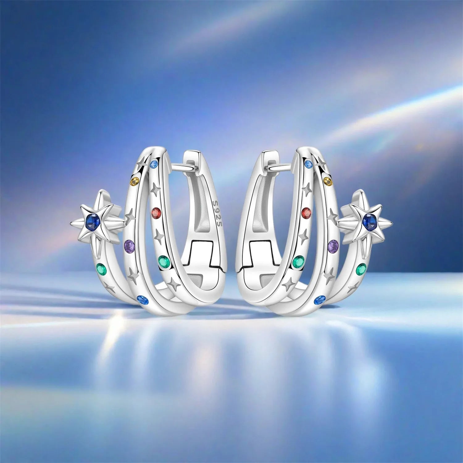 PANPOKI Original 925 Sterling Silver Double Circle Colored Starry Sky Earrings Women Hoop Earring Anniversary Jewelry Gifts
