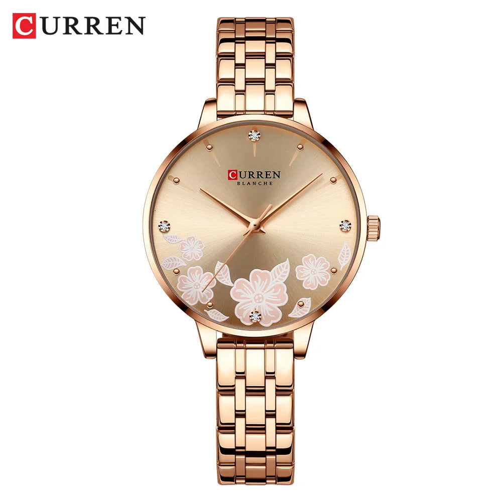CURREN Fashion Quartz Wristwatches for Women Simple Stainless Steel Watch Bracelet with Flower Design Dial