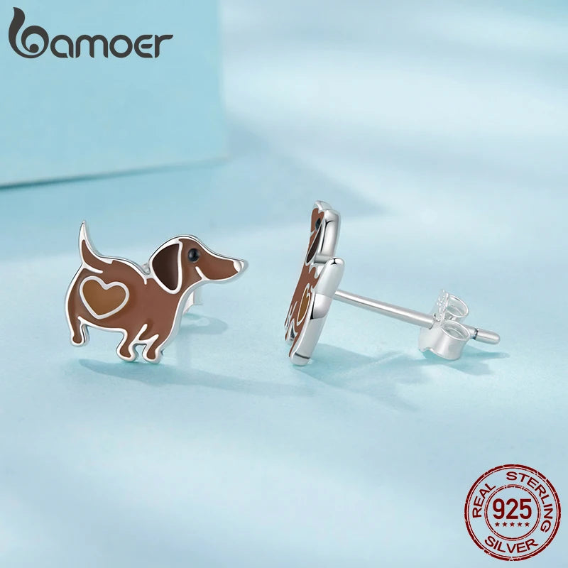 BAMOER 925 Sterling Silver Dachshund Stud Earrings Enamel Grey Heart Cute Dog Pierced Earring for Women Teens Girl Birthday Gift