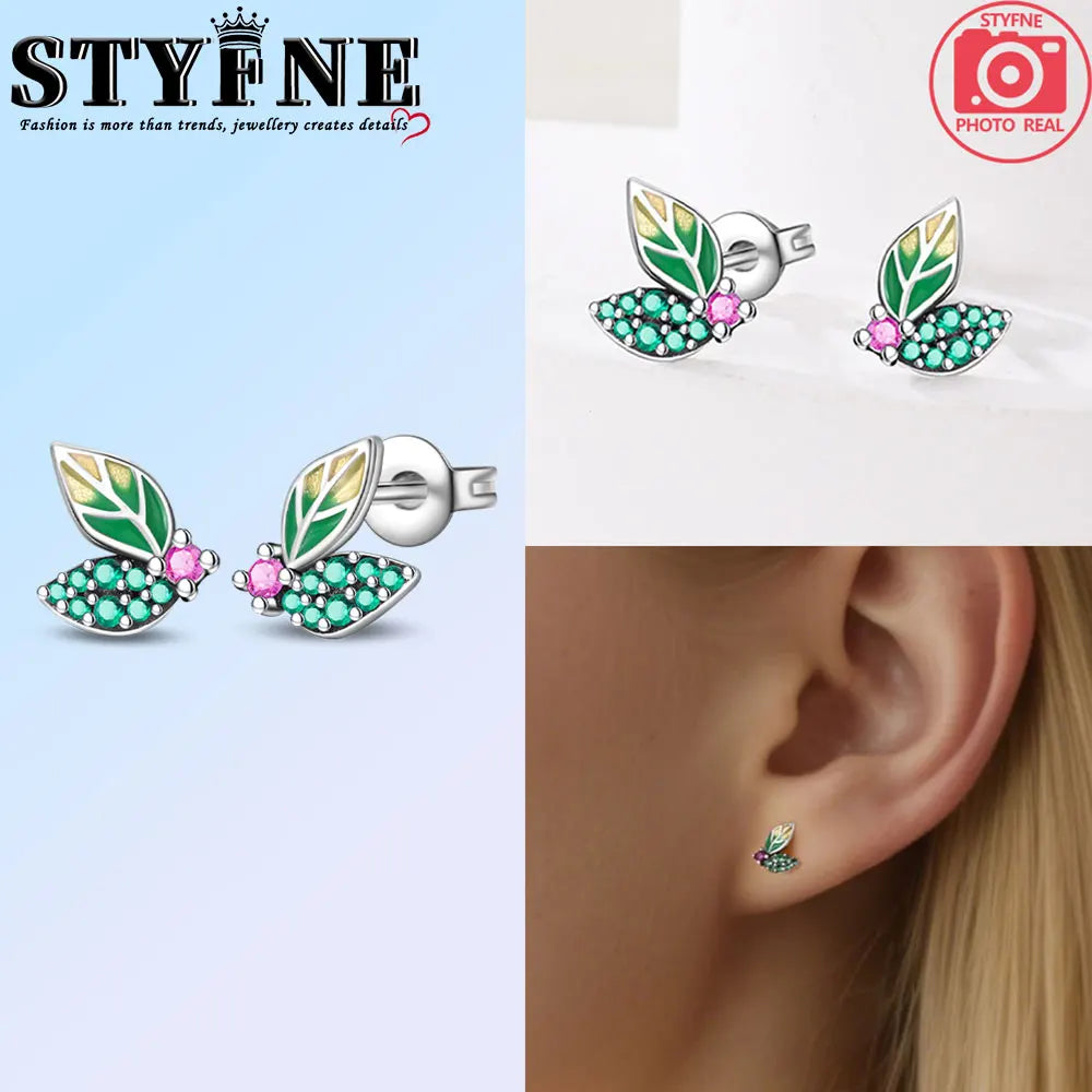925 Sterling Silver Plants and Insects  Drops Earrings Little Green Leaves and Fireflies Earrings Suitable for Women's Jewelry