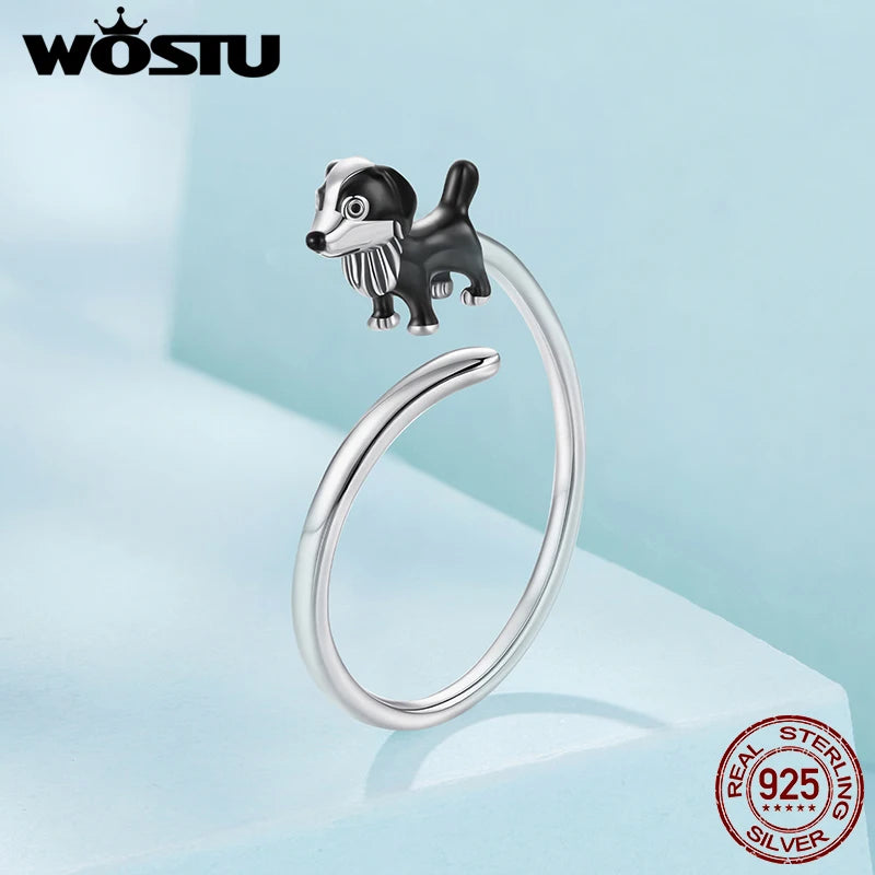 WOSTU Real 925 Sterling Silver Cute Black Border Collie Dog Open Ring for Girl, Original Animal Earrings Family Pet themed Gift