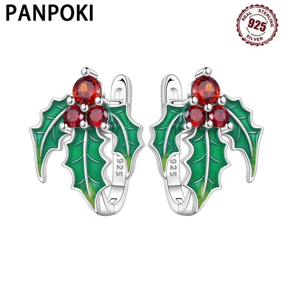 PANPOKI 925 Sterling Silver Green Christmas Holly Earrings Silver Hoop Earrings For Women Jewelry Original Party Gifts