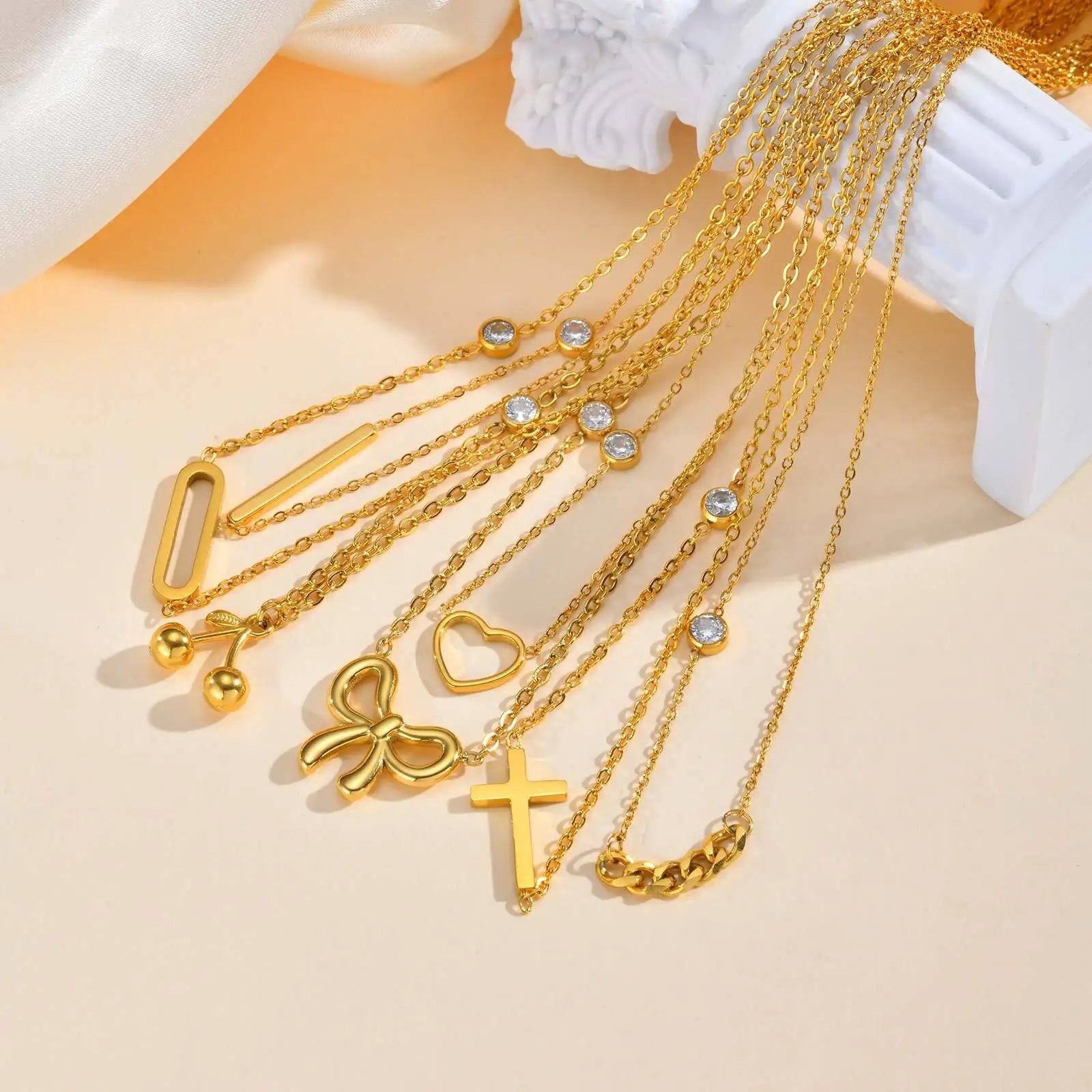 Vnox Gold Color Bow Single Zircon Chain Necklace For Women Stainless Steel Heart  Accessories Pendent Necklace Light Jewelry