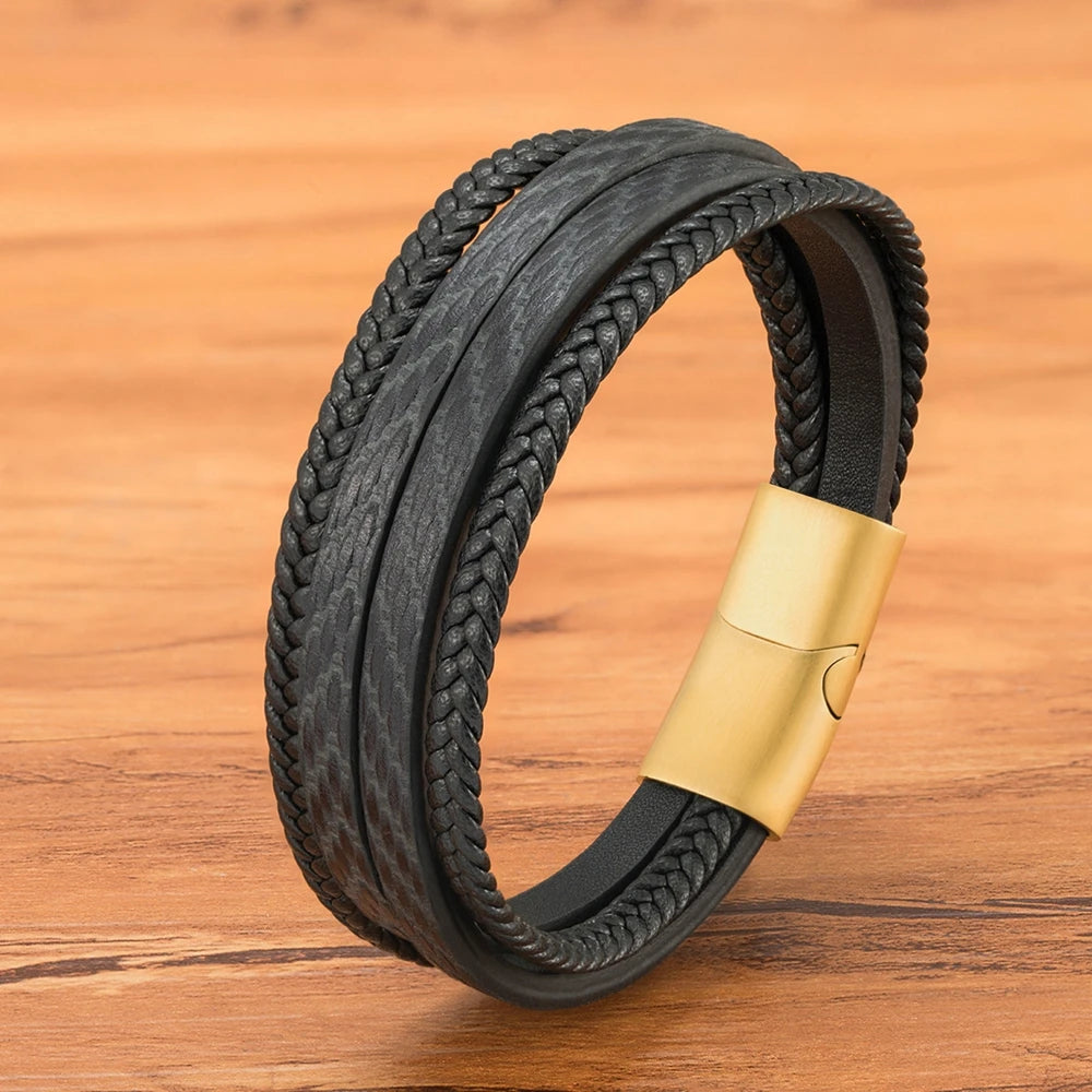 TYO Stylish Feather Pattern Design Multilayer Braid Leather Mens Bracelet Stainless Steel Magnetic Clasp Bangles Jewelry Gift