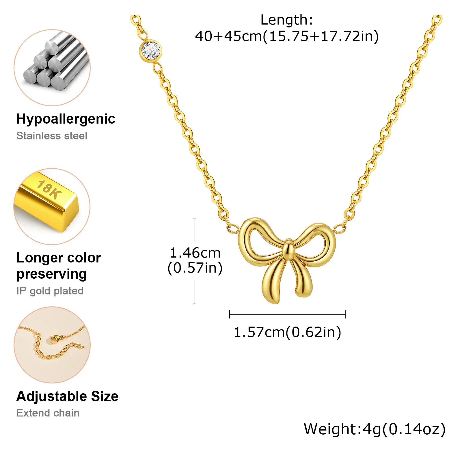 Vnox Gold Color Bow Single Zircon Chain Necklace For Women Stainless Steel Heart  Accessories Pendent Necklace Light Jewelry