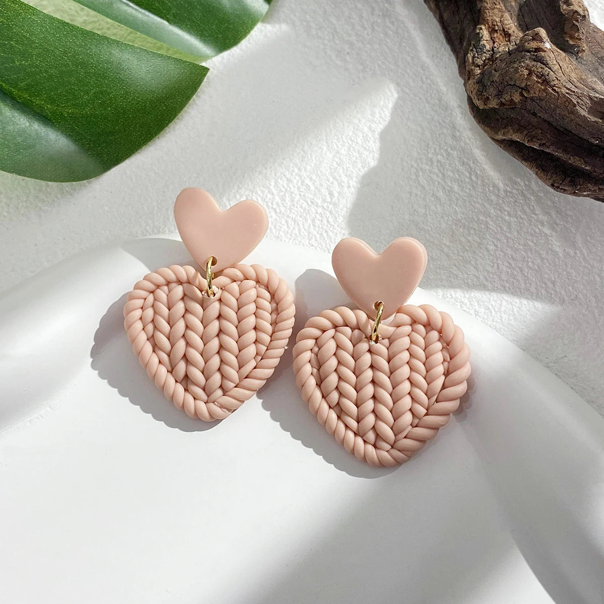 AENSOA Handmade Wooden Braided Polymer Clay Earrigns for Women Multicolor Unusual Knited Heart Geometric Drop Earrings Jewelry