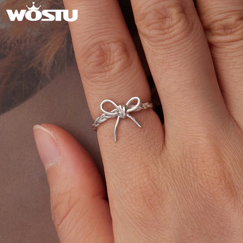 WOSTU 925 Sterling Silver Weaving Bow Ring Elegant Sweet Opening Original for Women Wife Anniversary Birthday Fine Jewelry Gift