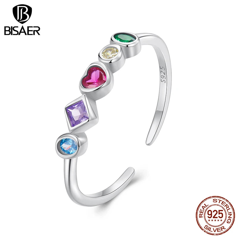 Bague ouverte colorée en argent sterling 925 BISAER - Taille réglable 5-9 - Plaqué or blanc - Pour femme - Bijou fin original