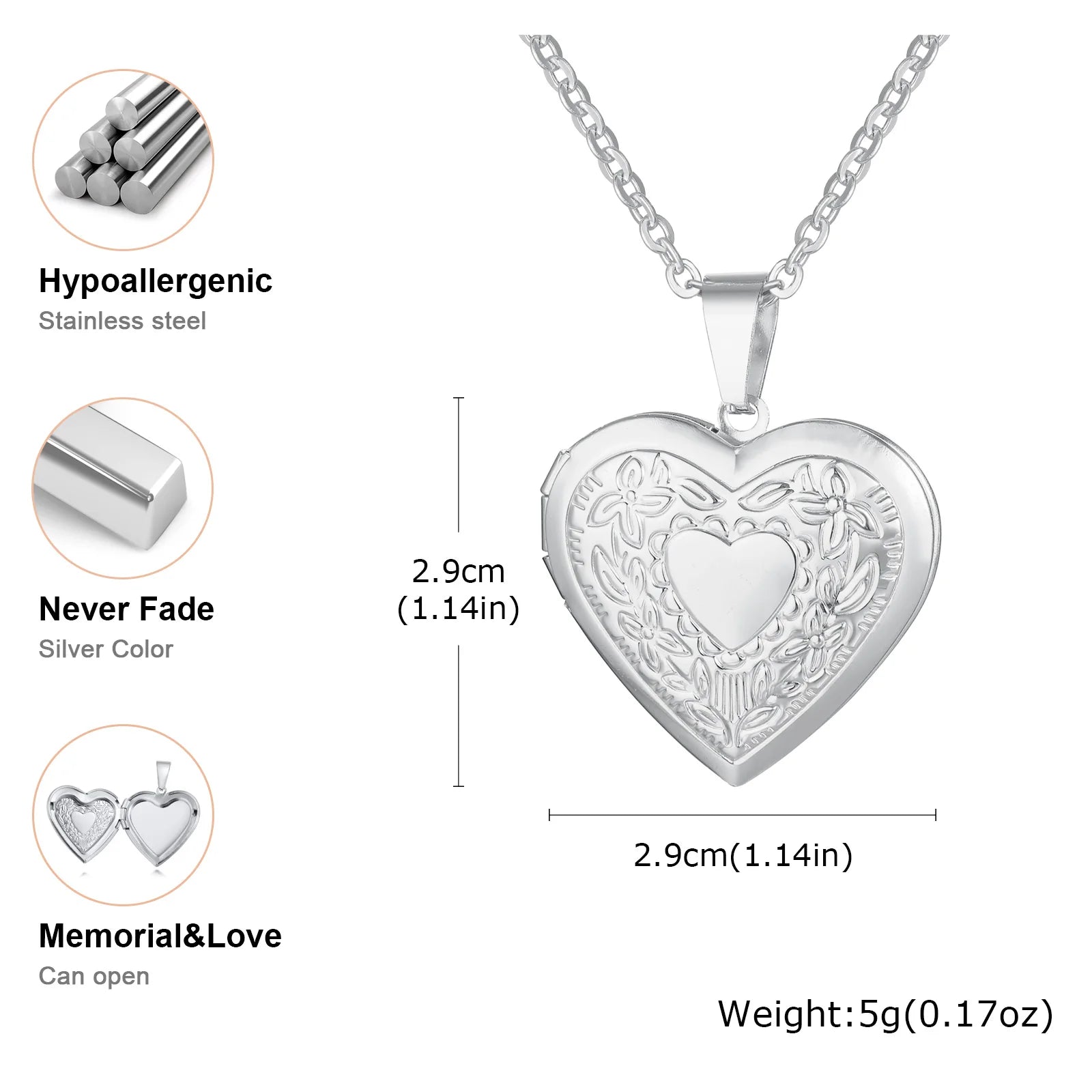 Vnox Light Heart Locket Pendants for Women Men Openable Photo Frame Glossy Stainless Steel Necklaces Family Love Collar
