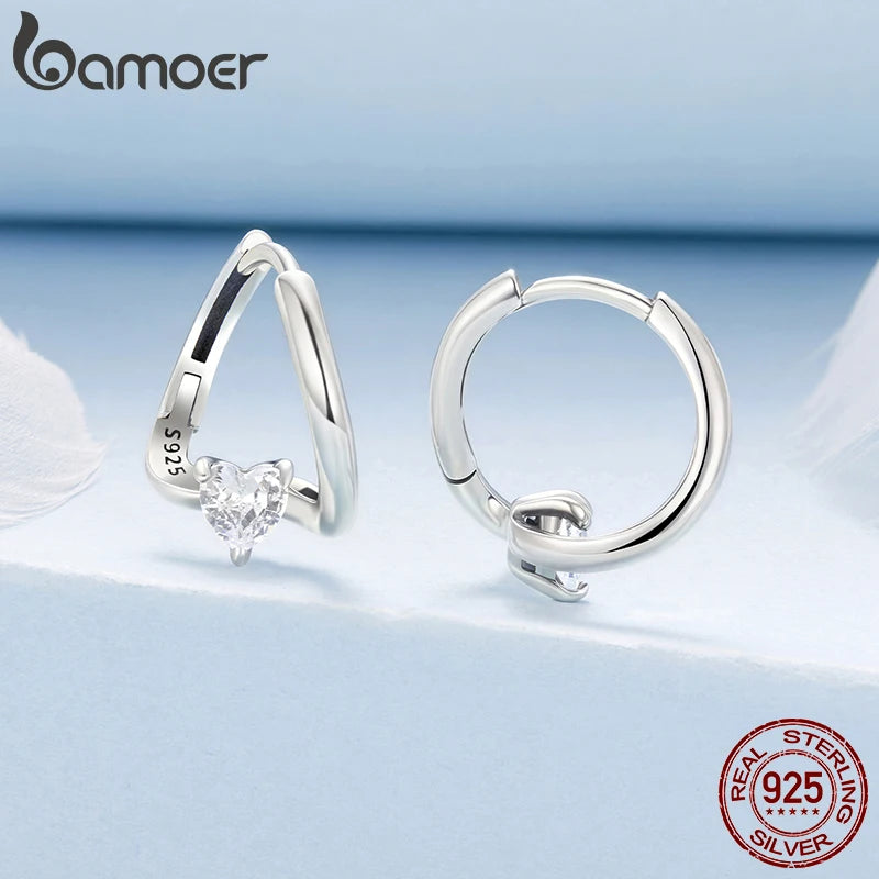 BAMOER Ohrringe aus 925er Sterlingsilber, gedrehte Creolen mit Herz-Zirkonia, geometrische Ohrringe für Damen, hypoallergen, einzigartiges Schmuckgeschenk