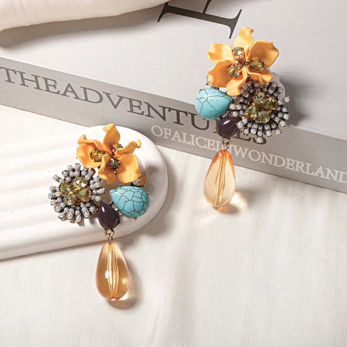 ZAA Personalized Trendy Resin Flower Water Drop Long Earrings