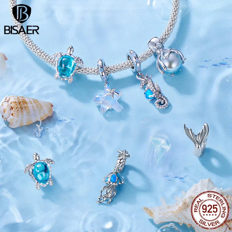 BISAER 925 Sterling Silver Blue Ocean Charm Bead Shell Starfish Turtle Pendant Fit Women DIY Bracelet Fine Jewelry Vacation Gift