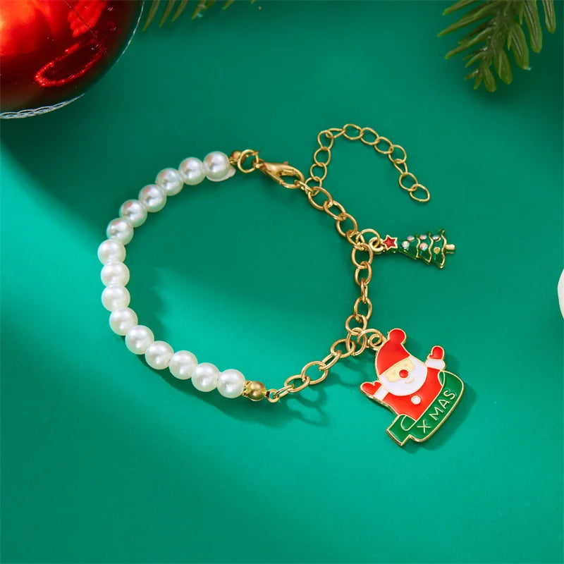 Creative Christmas Metal Chain Bracelet For Women Men Delicate Imitation Pearl Santa Claus Xmas Tree Snowflake Snowman Bangles