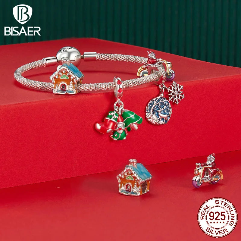 BISAER 925 Argent Sterling Noël Elk Bonhomme en Pain d'épice Père Noël Breloque Perles Arbre de Noël Cloche Renne Pendentif Fit Bracelet DIY