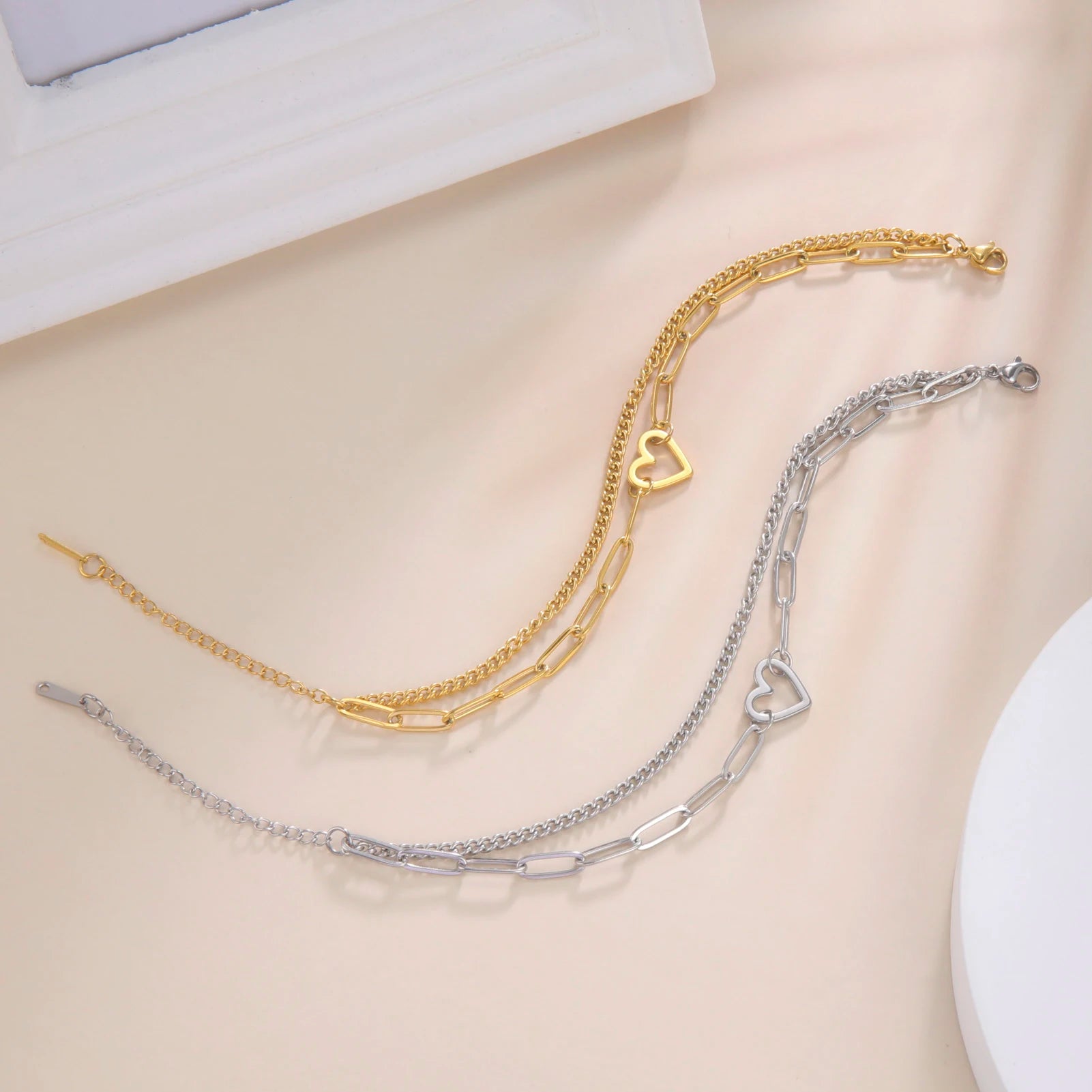 Heart Pendant Bracelet Paper Clip Chain Bracelet Stainless Steel Double Chain Bracelet for Women Couple Jewelry for Party Gift