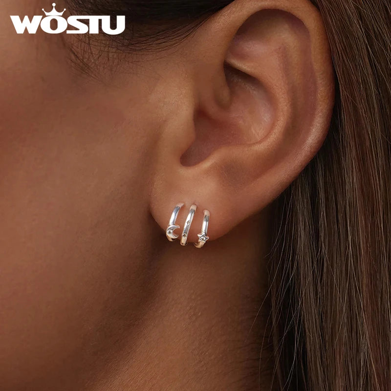 WOSTU 925 Sterling Silver Multi-layer Leaves Earrings Moon Star Fashion Trends for Women Birthday Daily Party Fine Jewelry Gift