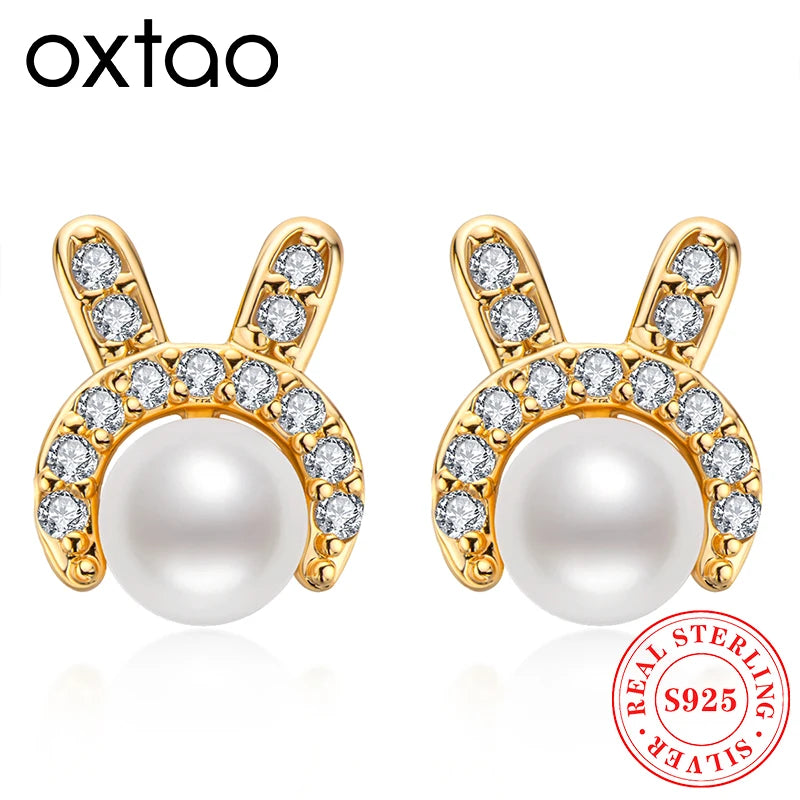 Cute Freshwater Pearl Rabbit Earrings For Women 6-6.5Mm 14K Gold Bag Women Children'S Birthday Party Jewelry Gift