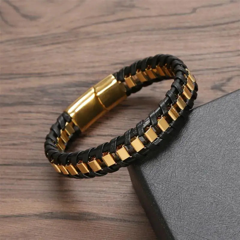 Fashion Hand-woven Stainless Steel & Leather Braided Bracelet For Men Classic Leather Bracelet Bangle Jewelry Gift