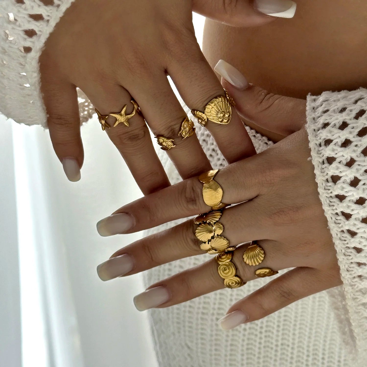 Vintage Gold Color Starfish Shell Rings for Women Stainless Steel Ocean Series Flower Stars Whale Adjustable Finger Ring Jewelry