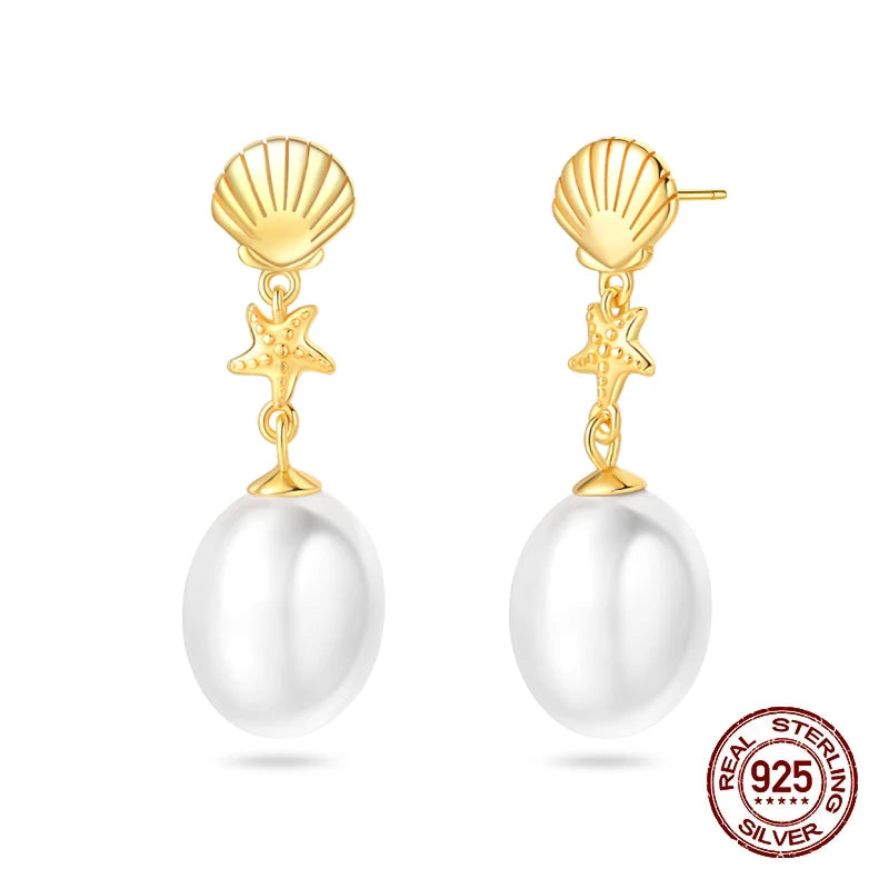 New Pearl Earrings 925 Silver Stars Moons Butterfly Sea Shell Golden Hoop Earrings Ear Stud For Women Engagement Luxury Jewelry