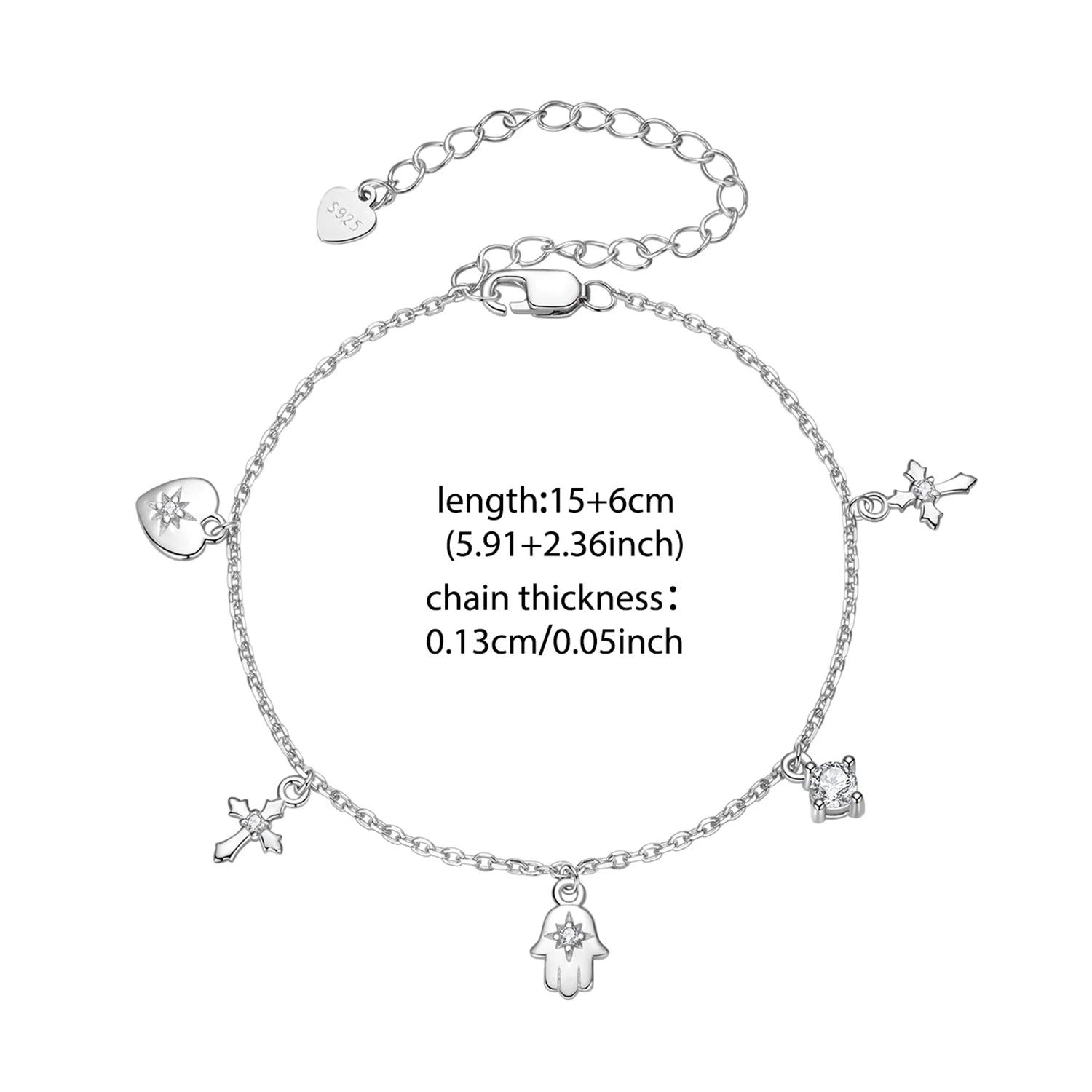 BAMOER 925 Sterling Silver Cross Amulet Bracelet Hand of Fatima Pendant Link Chain Adjustable for Women Birthday Lucky Gift