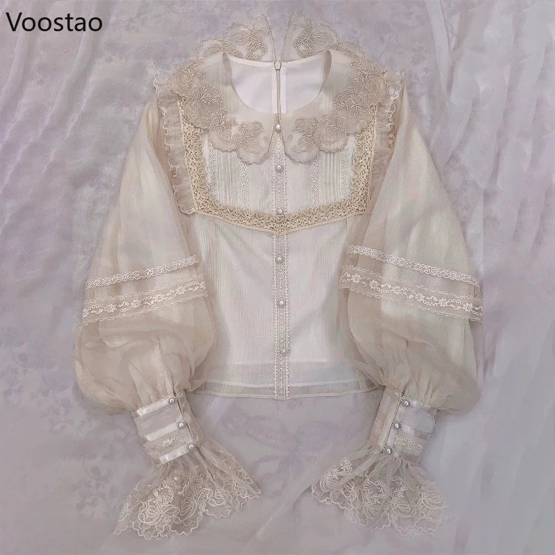Victorian Vintage Lolita Shirt Japanese Women Elegant Sweet Lace Ruffle Embroidery Long Sleeve Blouse Y2k Aesthetic Clothes Tops