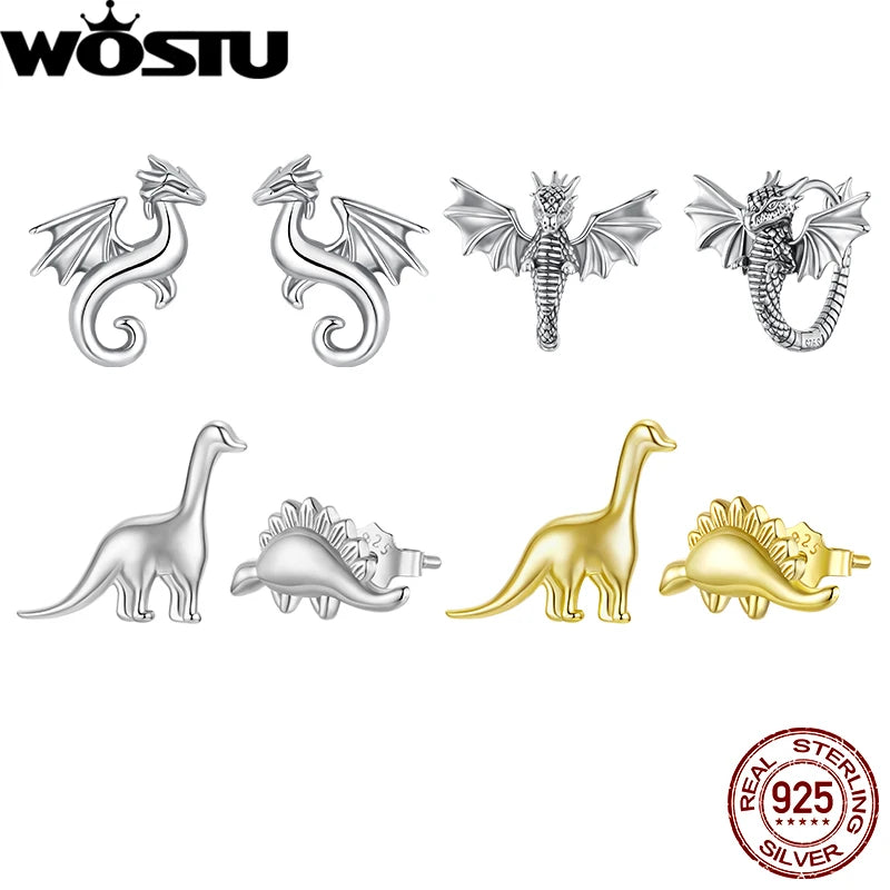 WOSTU 925 Sterling Silver Mini Dragon Piercing Dinosaur Earrings Stud 18k Gold Cute Novelty for Women Birthday Fine Jewelry Gift