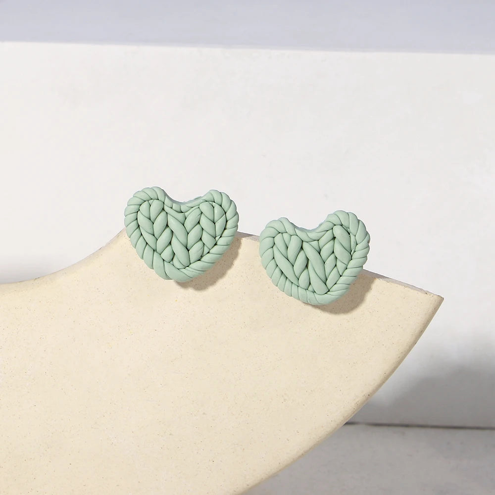 AENSOA Romantic Sweater Knit Love Heart Polymer Clay Stud Earrings for Women Handmade Braided Statement Earrings Party Jewelry