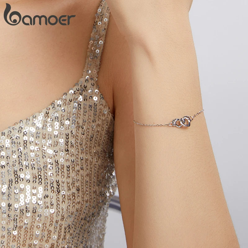 BAMOER White Gold Plated Heart Chain Bracelet for Women, Dainty 925 Sterling Silver Adjustable Trend Bracelet SCB297