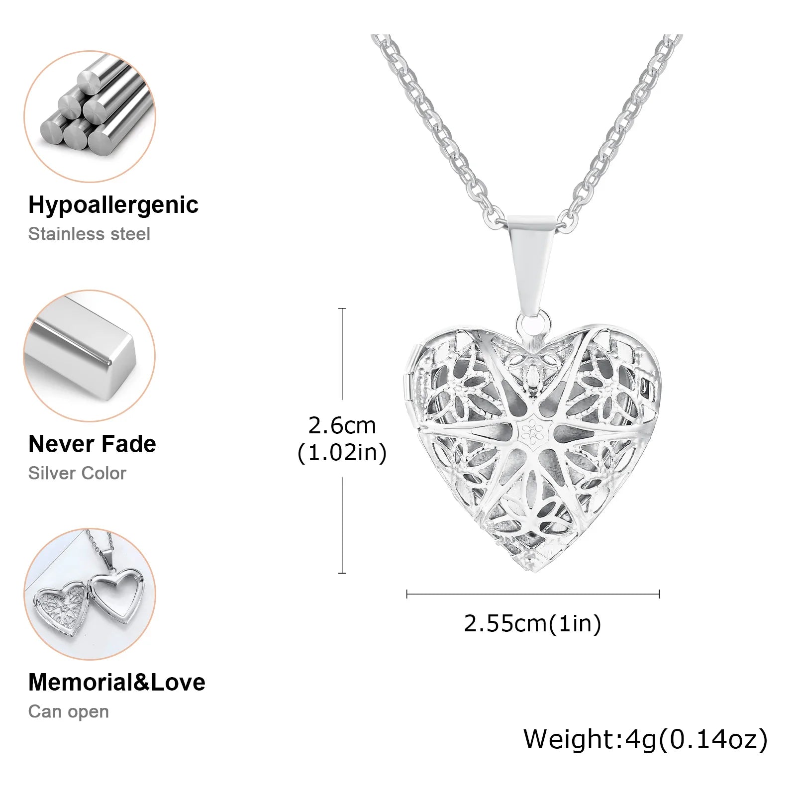 Vnox Light Heart Locket Pendants for Women Men Openable Photo Frame Glossy Stainless Steel Necklaces Family Love Collar