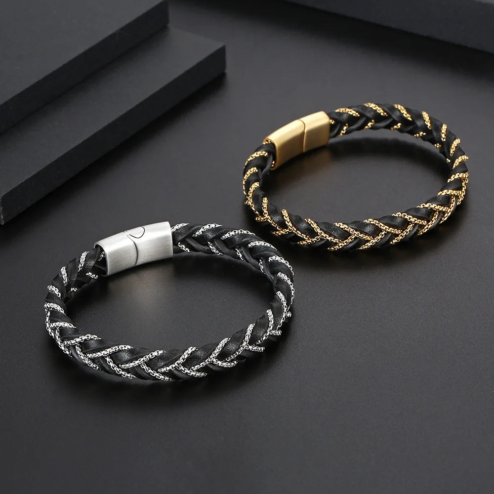 MKENDN Genuine Leather Box Chain Bracelet for Men Matte Black Magnetic Stainless Steel Clasp Exclusive Jewellery Gift Wholesale