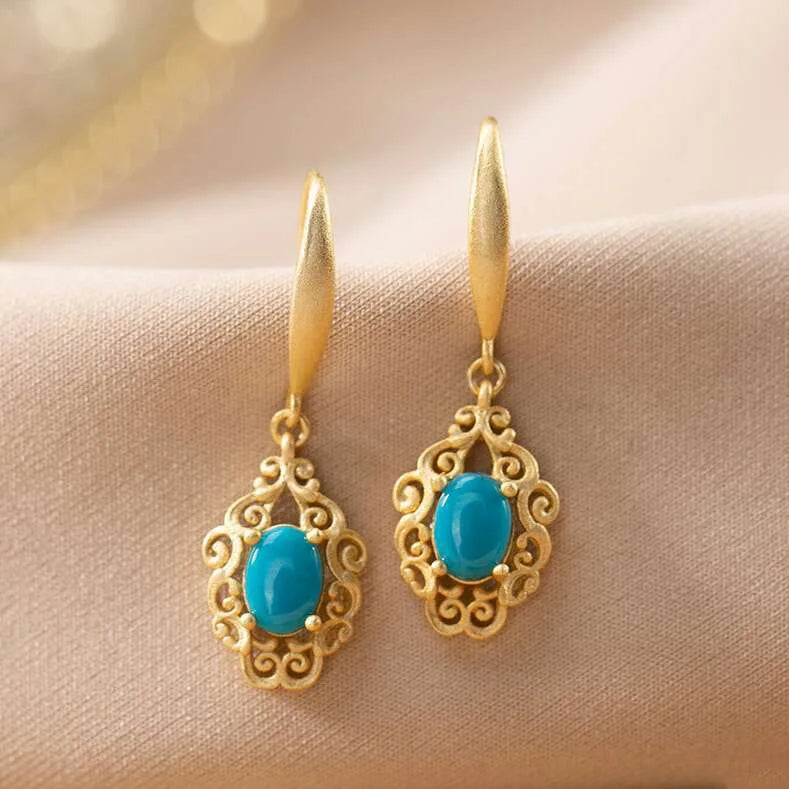 100% 14K Gold  Earring for Women Natural turquoise Gemstone earrings Bohemia Engagement Aros Mujer Oreja 14 K Gold Earring Box