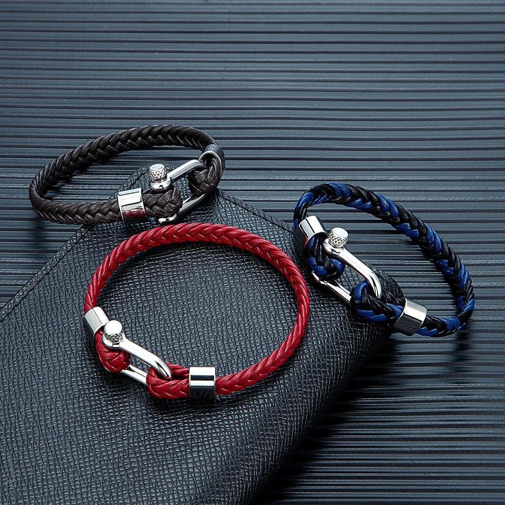 MKENDN Punk Men Braided Black Coffee Leather Bracelet Stainless Steel Shackle Buckle Bracelet Gifts Homme Pulsera