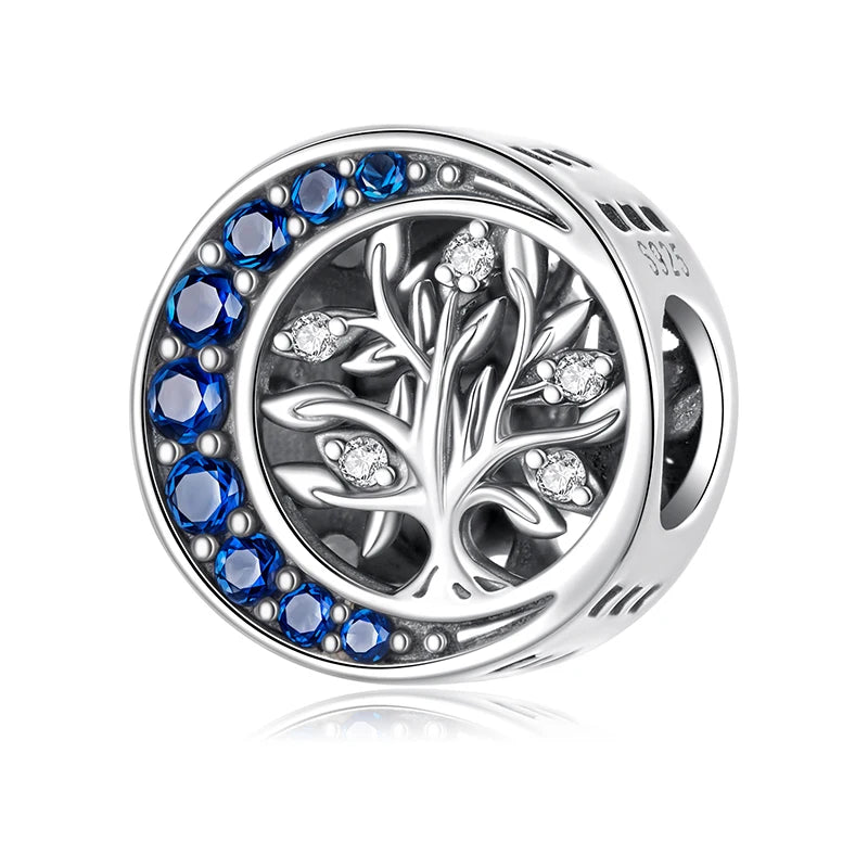 WOSTU 925 Sterling Silver Tree of Life Pendant Charms For Original Bracelet , s925 Blue CZ Moon Tree Beads Family Love Gift