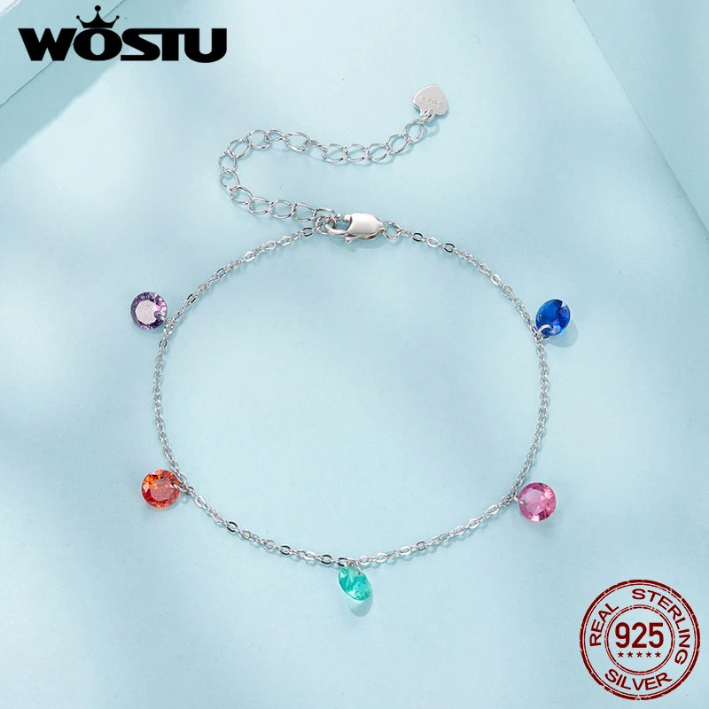 Bracelet WOSTU en argent sterling 925 véritable avec pampilles en cristal coloré et chaîne ajustable. Bijou idéal pour les fêtes, à offrir aux filles et à toute la famille.