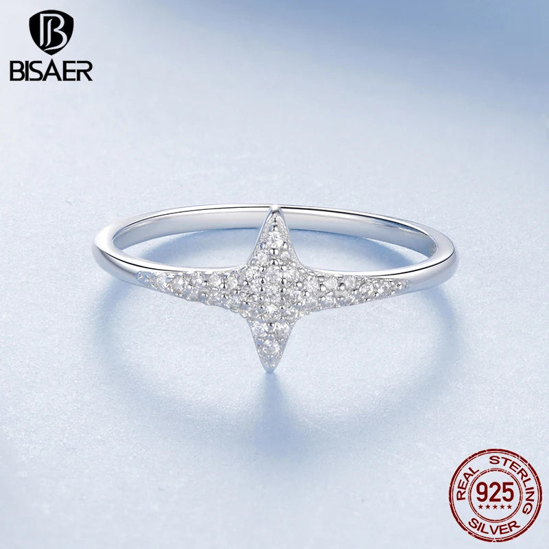 Bague étoile scintillante en argent sterling 925 BISAER sertie de zircons pavés, bande de doigt plaquée or blanc pour femme, bijoux fins de mariage
