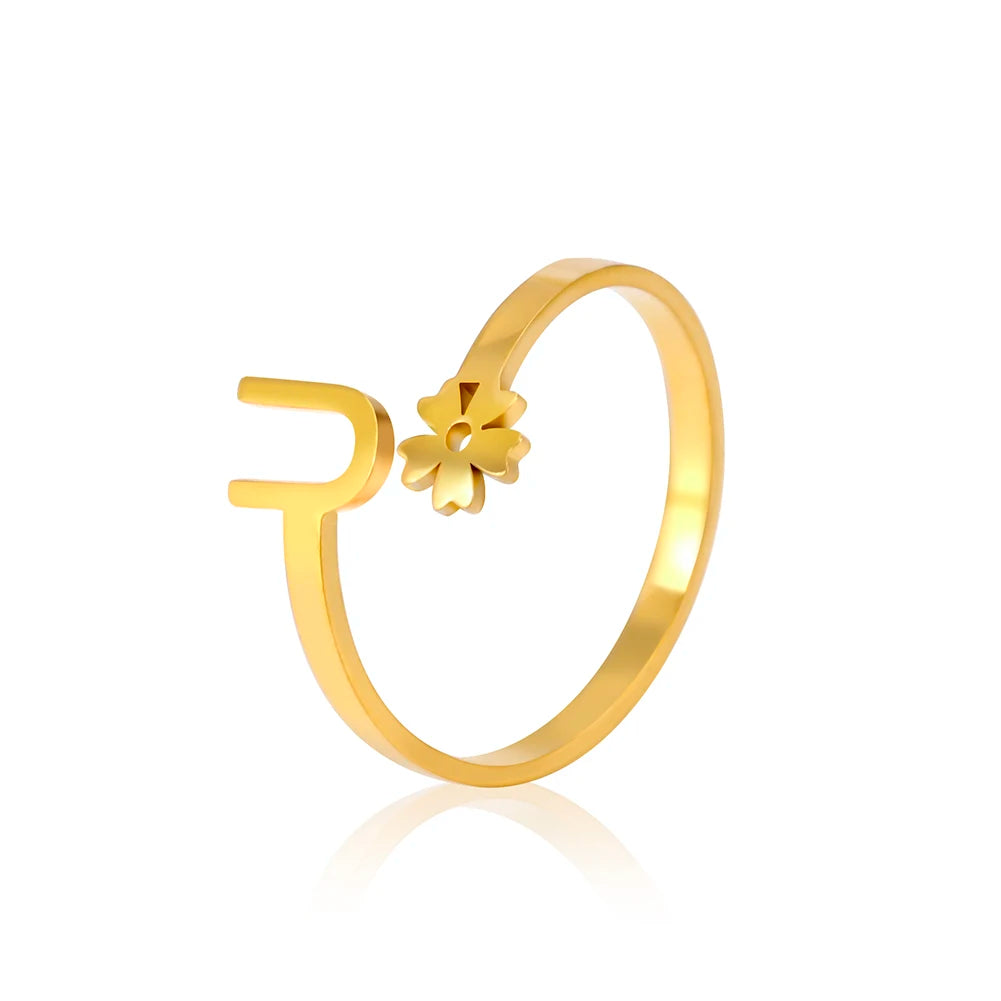 Stainless Steel Flower 26 Alphabet Open Ring for Women A-Z Initial Name Ring 2022 New Fashion Jewelry for Birthday Gift