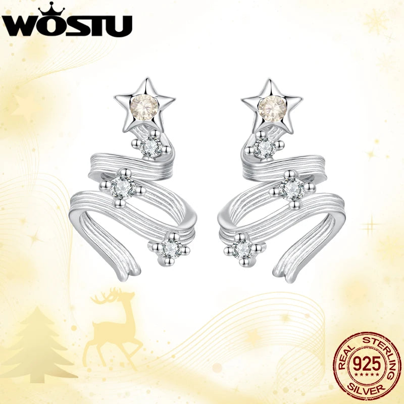 WOSTU Solid 925 Silver Christmas Tree Star Stud Earrings For Women, AAA Cubic Zirconia Bar Studs Luxury New Year jewelry gift