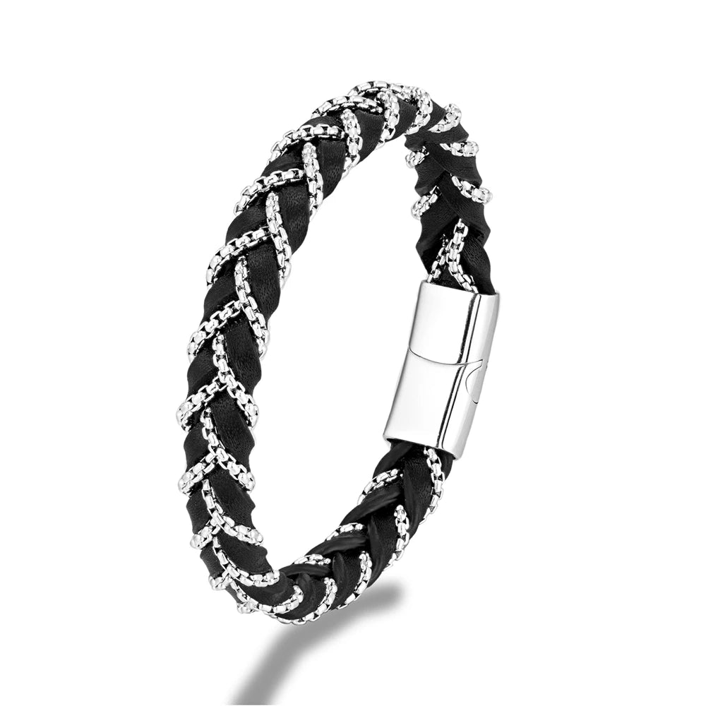 MKENDN Genuine Leather Box Chain Bracelet for Men Matte Black Magnetic Stainless Steel Clasp Exclusive Jewellery Gift Wholesale