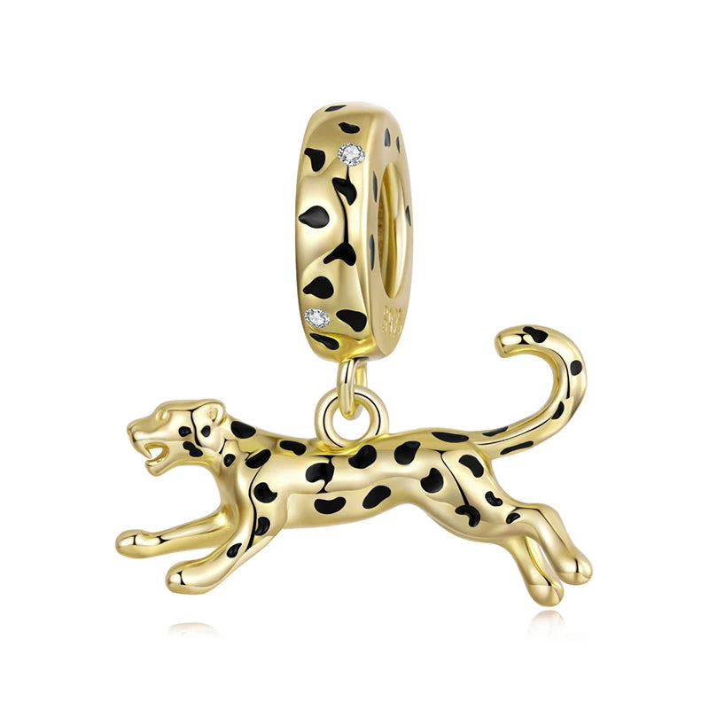 WOSTU 925 Sterling Silver 18K Gold Plate Leopard Lion Pendant Animal Charm For DIY Jewlery Gift Fit Original Bracelet Necklace