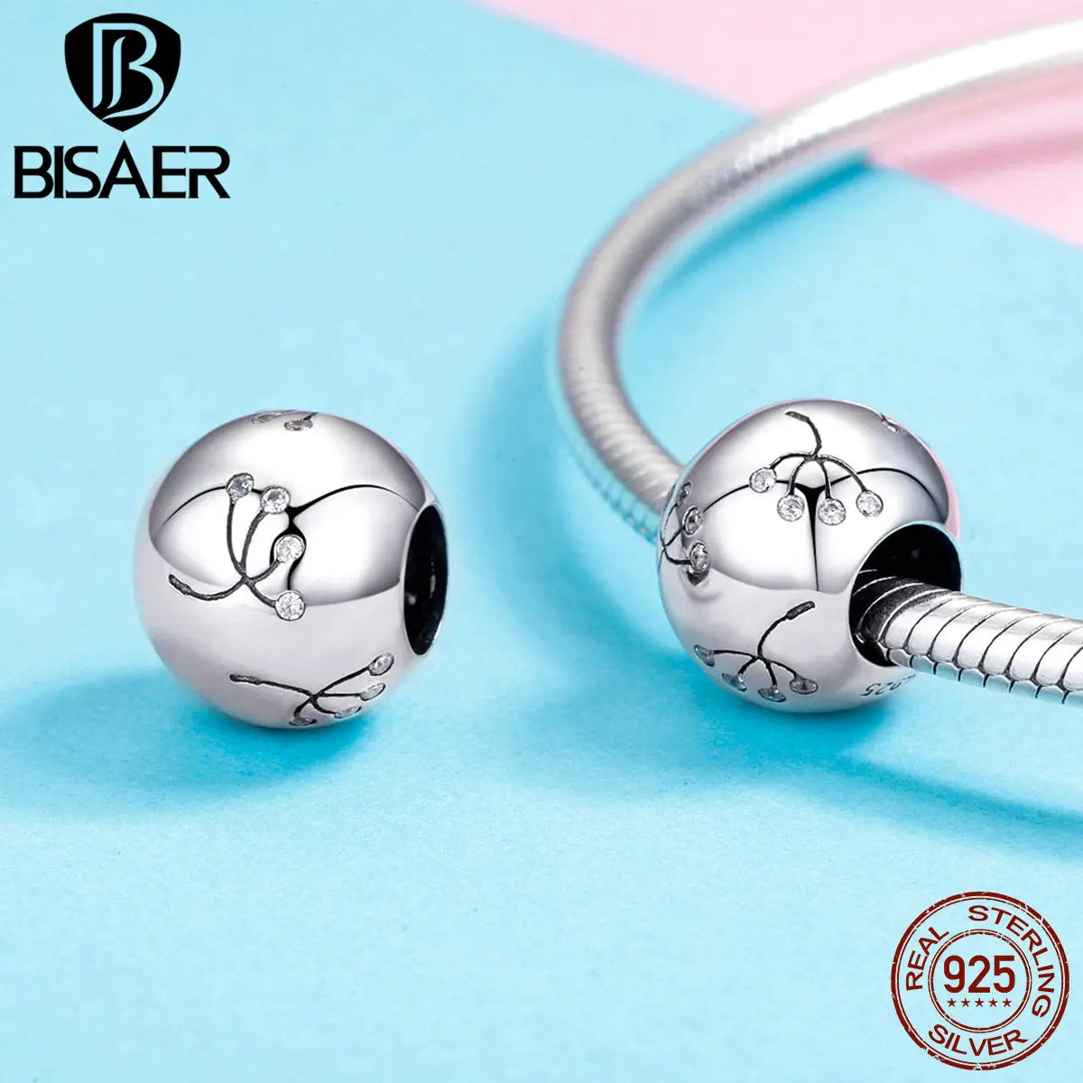 BISAER 925 Sterling Silver Vintage Round Court Charm Perles Coeur Zircon Pendentif Fit Femmes Bracelet Original Fabrication de Bijoux Fins