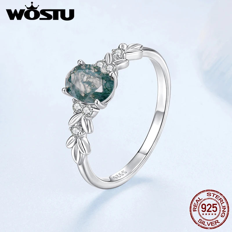 WOSTU Natural Moss Agate Ring For Women  925 Sterling Silver Oval Cut Sea Grass Agate Flower Rings Wedding Party Jewelry Gift