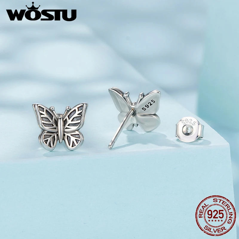 WOSTU Vintage 925 Silver Hollow Butterfly Stud Earrings For Women, Hypoallergenic Retro Ear Studs Pendient Family Lover Gift