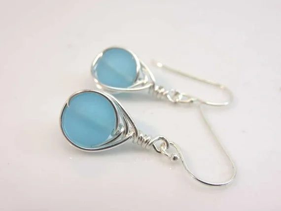 Sterling silver seaglass earrings light blue herringbone wire wrapped cultured sea glass beads argentium silver