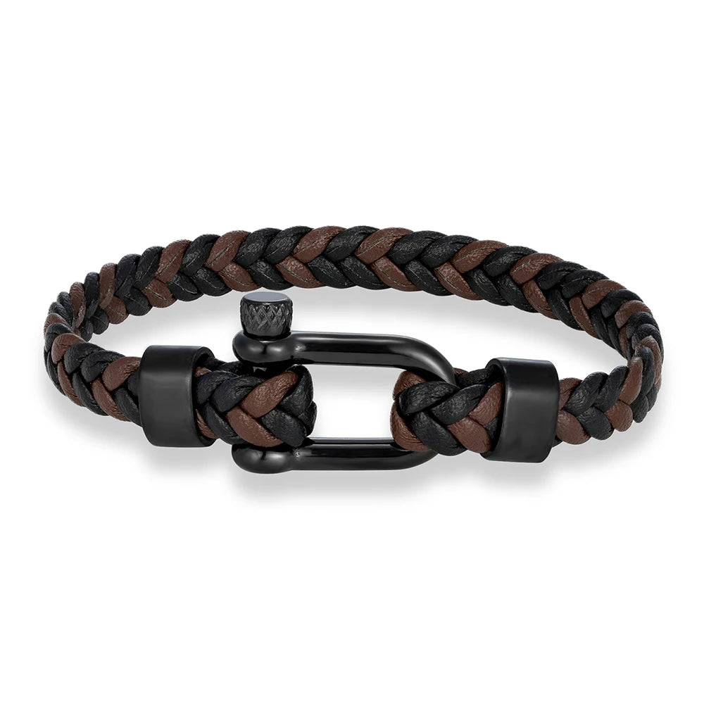 MKENDN Minimalist Nautical Style Braided Leather Bracelet Stainless Steel U-Shape Shackle Buckle Survival Jewelry For Men Women