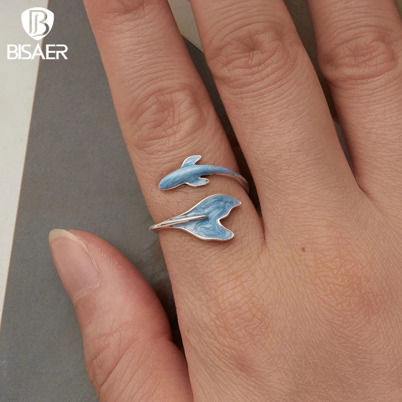 BISAER 925 Sterling Silver Guppy Open Ring Fish Blue Enamel Band Plated White Gold for Women Party Fine Jewelry Holiday Gift
