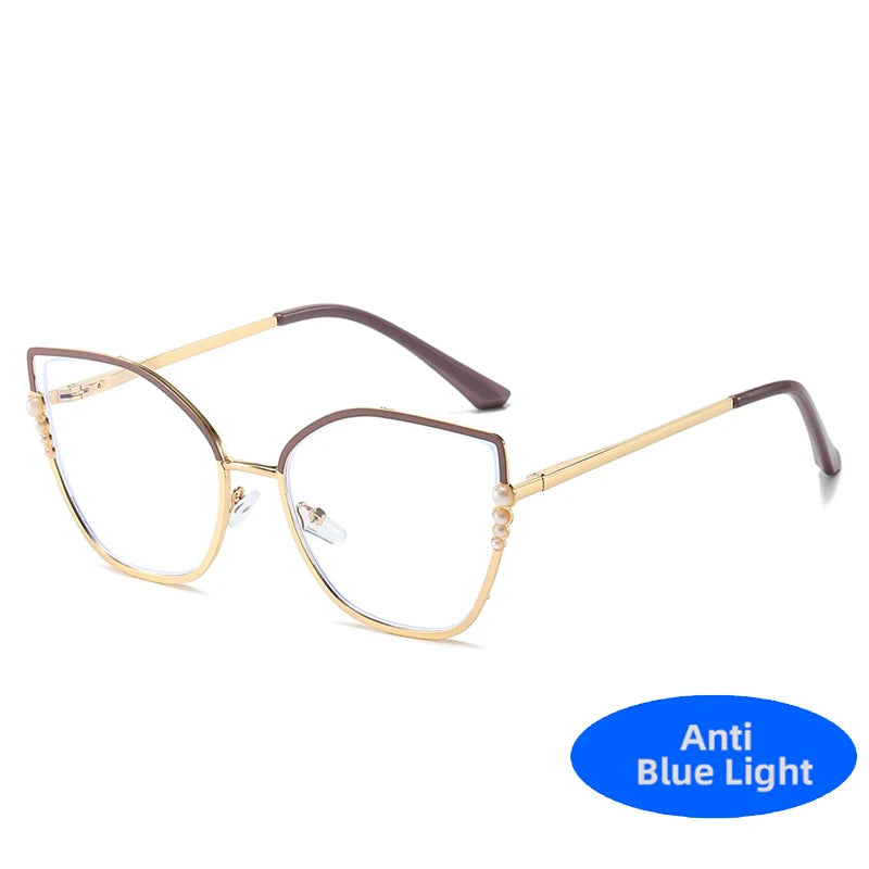 High Quality Metal Computer Glasses Frame Women Men Anti Blue Light Pearl Cat Eye Eyewear Blocking Optical Spectacle Eyeglass