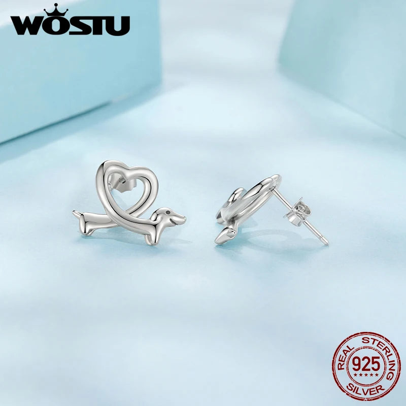 WOSTU 925 Sterling Silver Dachshund Heart Stud Earrings For Pet Lover, Unique Girl Birthday Gift S925 Animal Dog Ear Studs